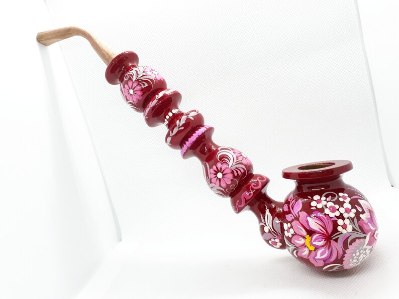 Hippie flower pipe Long smoking pipe Tobacco pipe Pipe with lotus Pink and grey smoking bowl Unique girly pipe Burgundy smoking bowl