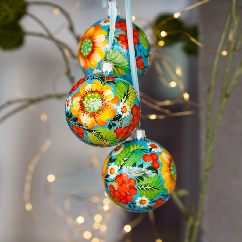 Hand painted set Ukrainian Sunflower ornaments 3 pcs gift-wrapped, Blue & yellow flower Christmas balls 2.4 in, Handmade Petrykivka ornament image 10