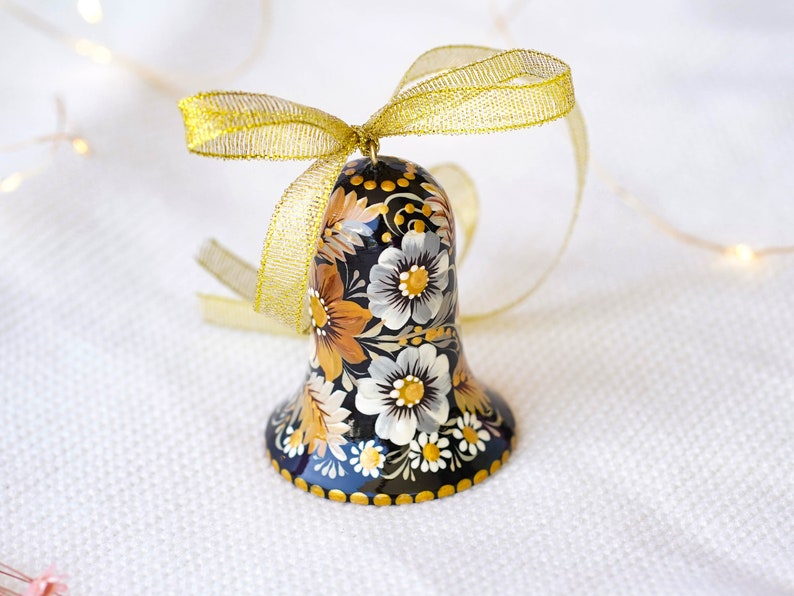 Ukrainian Christmas bell ornament Hand-painted wooden tree decoration, Ukrainian Christmas ornament personalized with Petrykivka art image 6