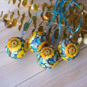 Set of 4 Painted Christmas Ornaments - Handmade Ukrainian Christmas Balls 2.4 in with Petrykivka art, Blue & Yellow Flower Baubles