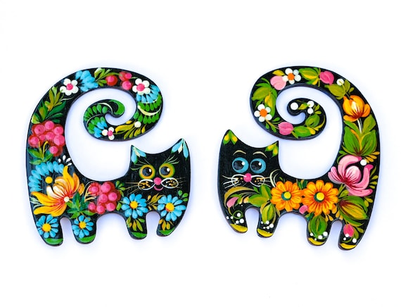 Cat fridge magnet, Painted animal figure magnets, Ukraine art wooden magnets, Cat couple magnets, Set of locker magnets, Funny cat magnets