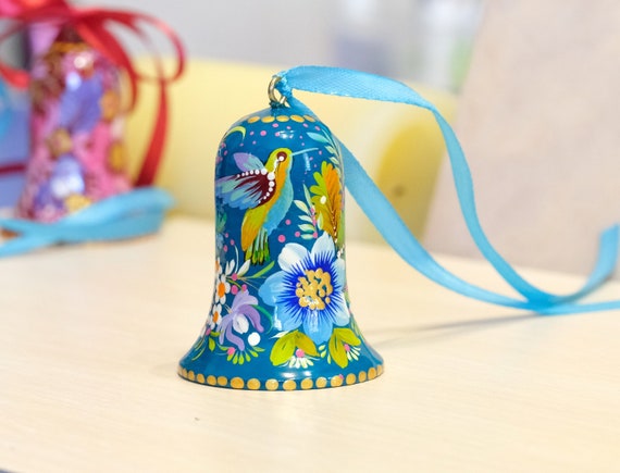 Hummingbird ornament bell, Christmas bell decoration, Painted Petrykivka ornament, Blue flower tree decor, Unique wooden Ukraine ornament