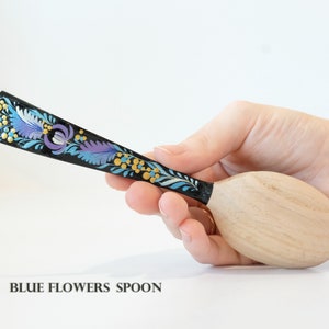 Unique wooden spoon, Unique painted tablespoon, Flower salt spoon, Painted sugar spoon, Blue hippie spoon, Wooden flower spoon, Cute spoon image 5