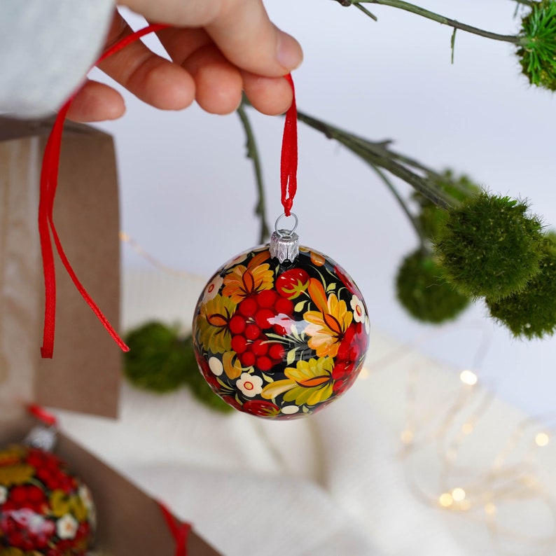 Christmas ornament set of 4 Hand-painted Ukrainian Christmas ornaments 2.4 in Handmade Strawberry tree balls set, Petrykivka baubles set image 6