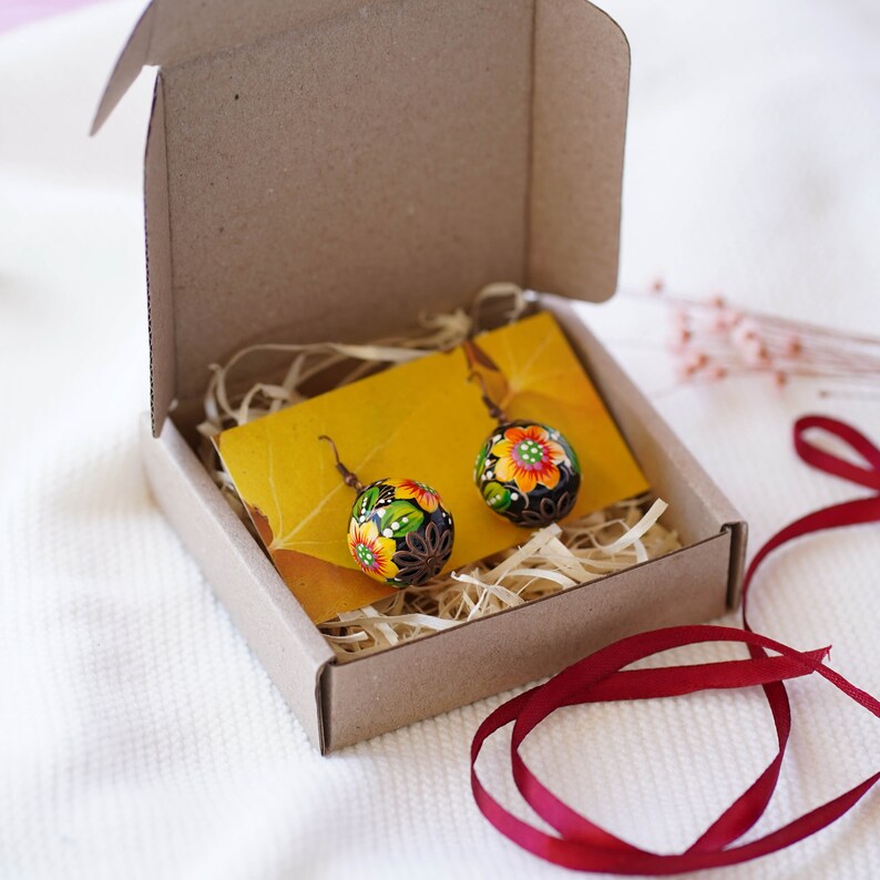 Lightweight sunflower earrings, Painted Ukrainian dangle earrings, Yellow flower wooden earrings Ukrainian jewelry, Petrykivka earrings image 10