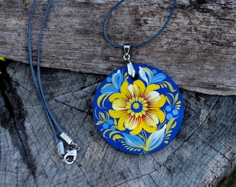 Wooden Ukrainian necklace, Hand-painted blue and yellow flower pendant, Lightweight Ukraine folk art charm, Petrykivka painted necklace