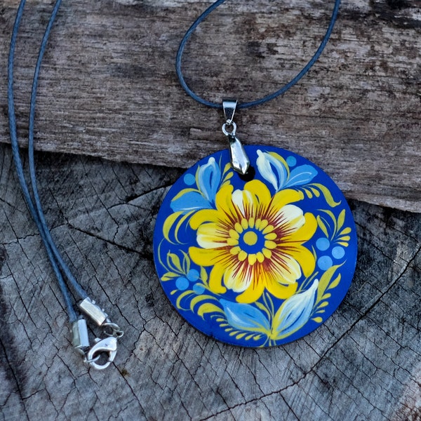 Wooden Ukrainian necklace, Hand-painted blue and yellow flower pendant, Lightweight Ukraine folk art charm, Petrykivka painted necklace