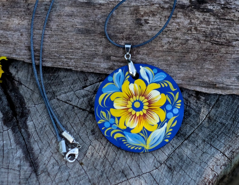 Wooden Ukrainian necklace, Hand-painted blue and yellow flower pendant, Lightweight Ukraine folk art charm, Petrykivka painted necklace necklace only