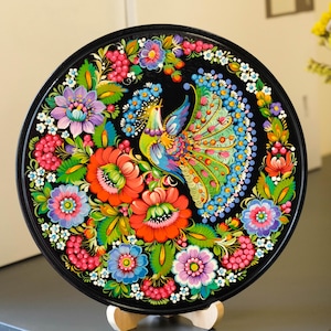 Large Wooden Decorative Plate with Petrykivka Art - Hand-painted Ukrainian Wall Plate, Handmade Fairy Bird Plate