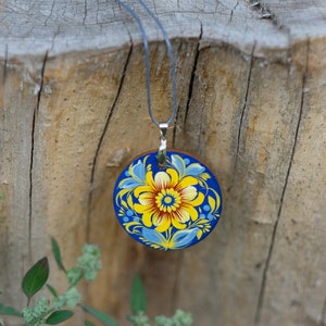 Wooden Ukrainian necklace, Hand-painted blue and yellow flower pendant, Lightweight Ukraine folk art charm, Petrykivka painted necklace image 10