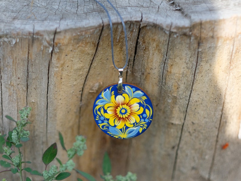 Wooden Ukrainian necklace, Hand-painted blue and yellow flower pendant, Lightweight Ukraine folk art charm, Petrykivka painted necklace image 10