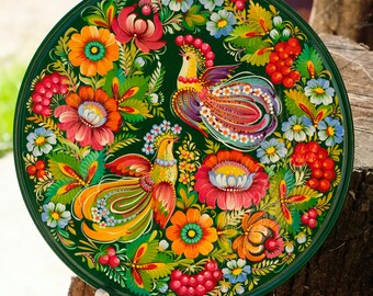 Painted Wooden Petrykivka Plate, Ukrainian Fairy Bird Couple Plate