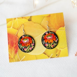 Hypoallergenic lightweight earrings, Painted Ukrainian dangle earrings, Red flower wooden earrings Ukrainian jewelry, Petrykivka earrings image 8
