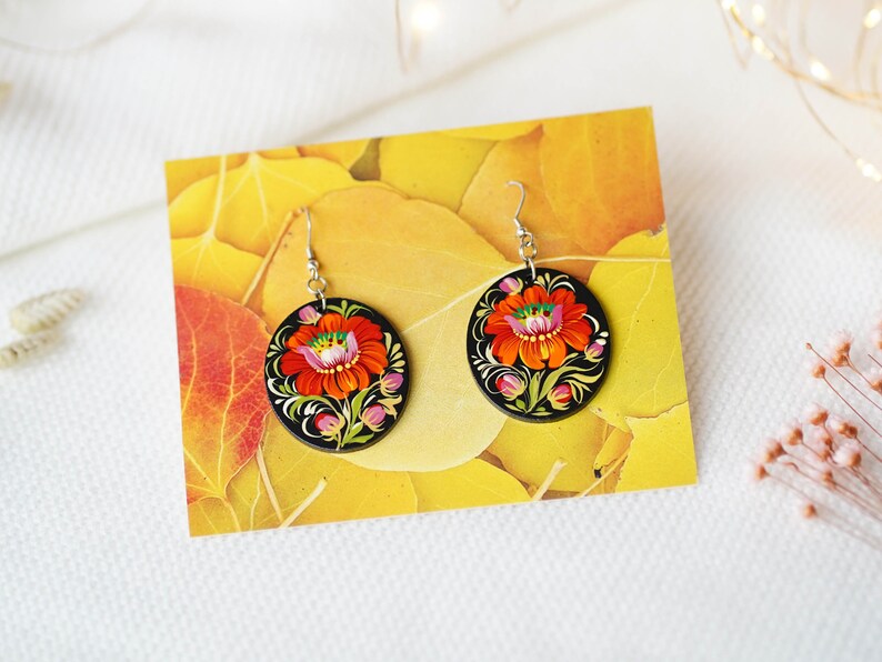 Hypoallergenic lightweight earrings, Painted Ukrainian dangle earrings, Red flower wooden earrings Ukrainian jewelry, Petrykivka earrings image 8