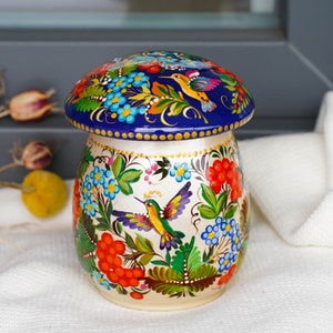 Painted wooden Hummingbird canister, Mushroom sugar bowl with lid, Ukrainian bird jar - Petrykivka art container for salt, pepper, honey