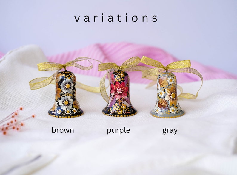 Ukrainian Christmas bell ornament, Hand-painted wooden tree decoration, Pink & purple flower Ukrainian Christmas ornament personalized image 2