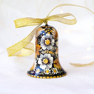 Ukrainian Christmas bell ornament Hand-painted wooden tree decoration, Ukrainian Christmas ornament personalized with Petrykivka art image 3