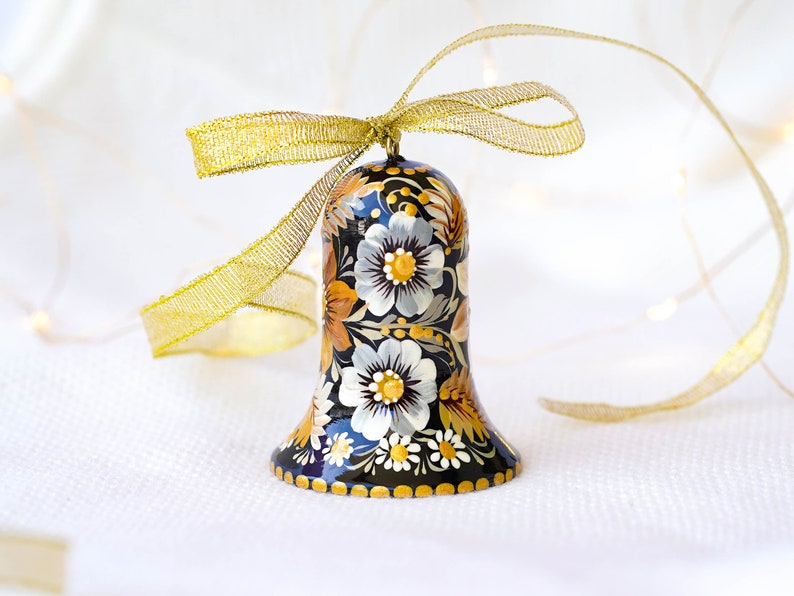 Ukrainian Christmas bell ornament Hand-painted wooden tree decoration, Ukrainian Christmas ornament personalized with Petrykivka art image 3