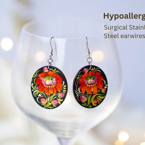 Hypoallergenic lightweight earrings, Painted Ukrainian dangle earrings, Red flower wooden earrings Ukrainian jewelry, Petrykivka earrings image 2