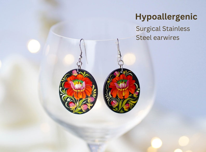 Hypoallergenic lightweight earrings, Painted Ukrainian dangle earrings, Red flower wooden earrings Ukrainian jewelry, Petrykivka earrings image 2