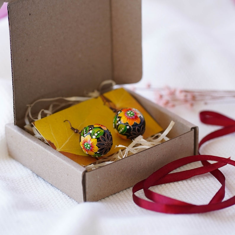 Lightweight sunflower earrings, Painted Ukrainian dangle earrings, Yellow flower wooden earrings Ukrainian jewelry, Petrykivka earrings image 8