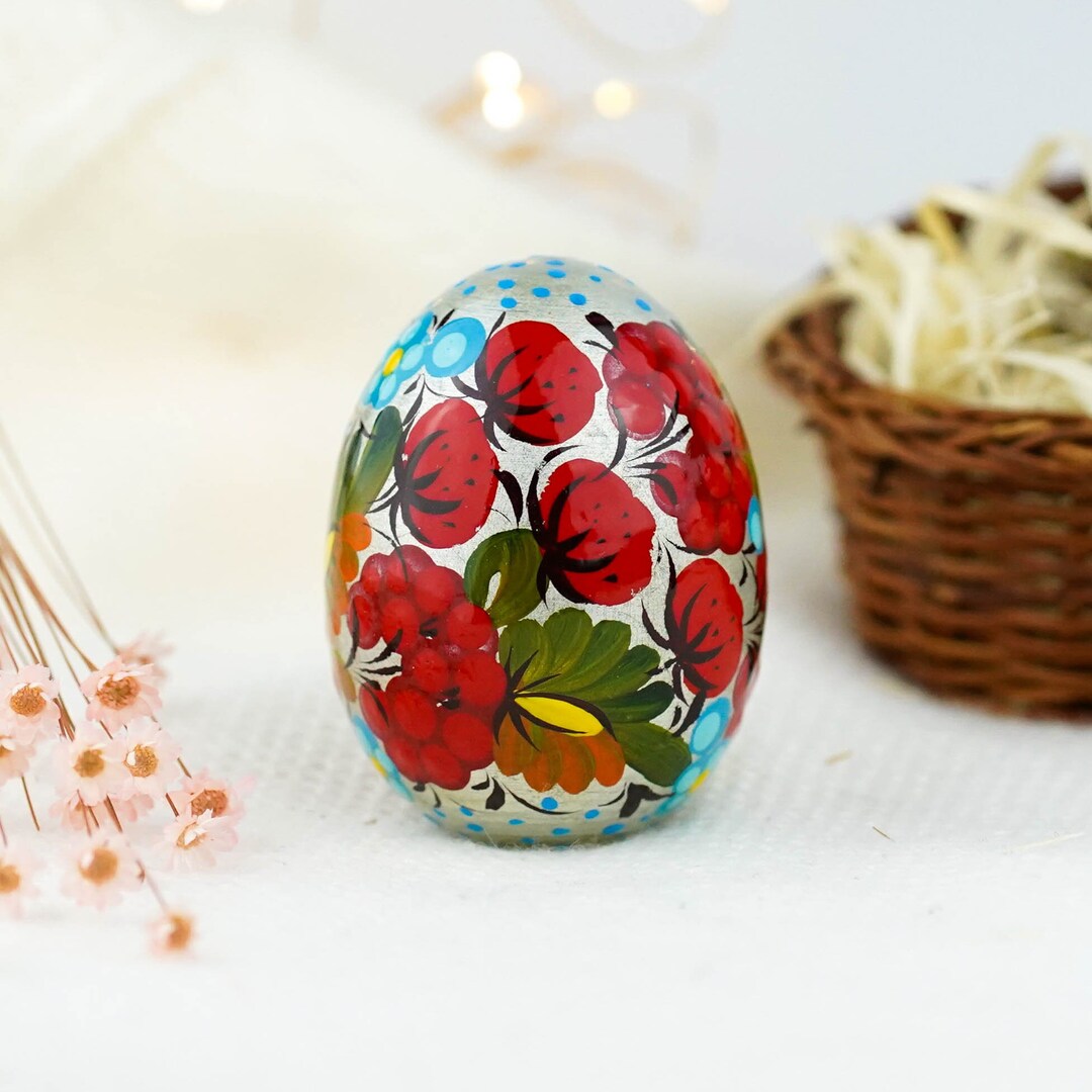 Painted Wooden Ukrainian Pysanky Easter Egg With Strawberry, Ukrainian ...