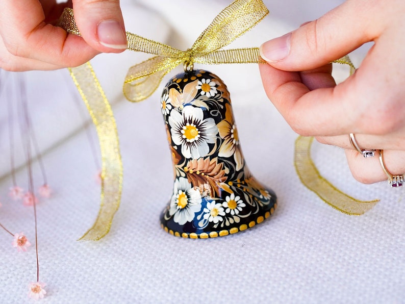 Ukrainian Christmas bell ornament Hand-painted wooden tree decoration, Ukrainian Christmas ornament personalized with Petrykivka art image 1