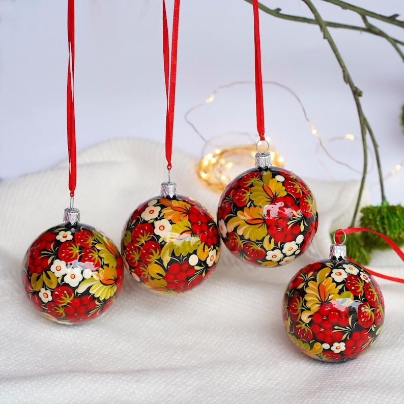 Christmas ornament set of 4 Hand-painted Ukrainian Christmas ornaments 2.4 in Handmade Strawberry tree balls set, Petrykivka baubles set image 8