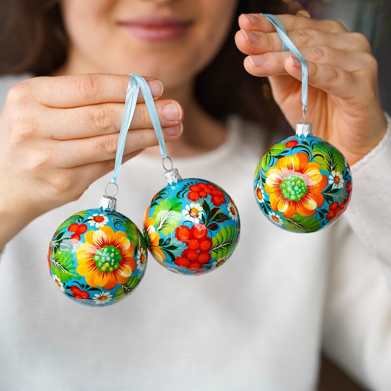 Hand painted set Ukrainian Sunflower ornaments 3 pcs gift-wrapped, Blue & yellow flower Christmas balls 2.4 in, Handmade Petrykivka ornament image 7