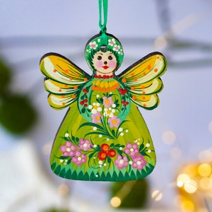 Hand painted Christmas fairy ornament, Wooden Ukrainian Christmas ornaments, Handmade Petrykivka Green flower Christmas tree decoration