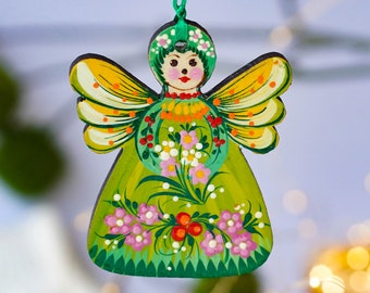 Hand painted Christmas fairy ornament, Wooden Ukrainian Christmas ornaments, Handmade Petrykivka Green flower Christmas tree decoration