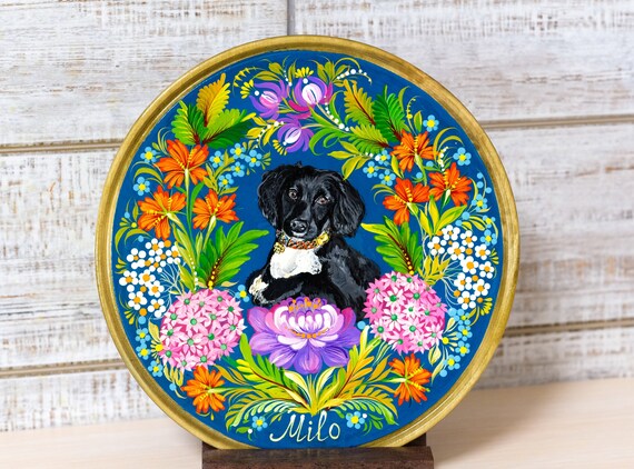Custom pet portrait on wood, Ukraine Petrykivka art, Portrait from photo, Hand painted pet dog, Personalized pet ornament, Pet memorial gift
