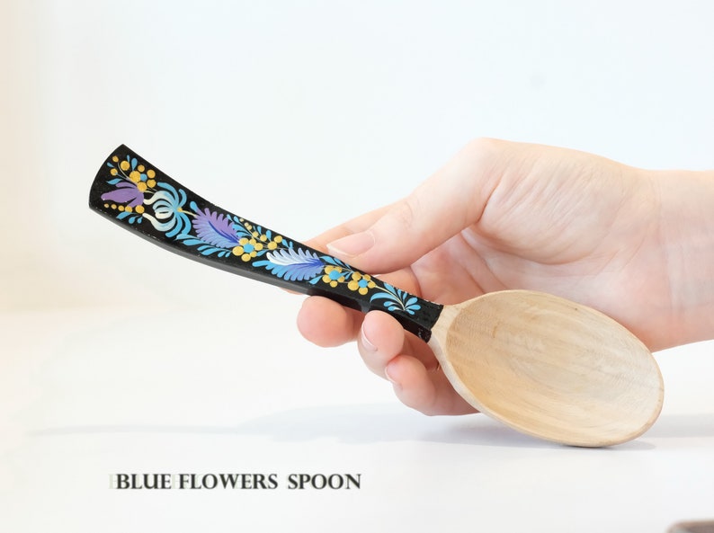 Unique wooden spoon, Unique painted tablespoon, Flower salt spoon, Painted sugar spoon, Blue hippie spoon, Wooden flower spoon, Cute spoon Blue