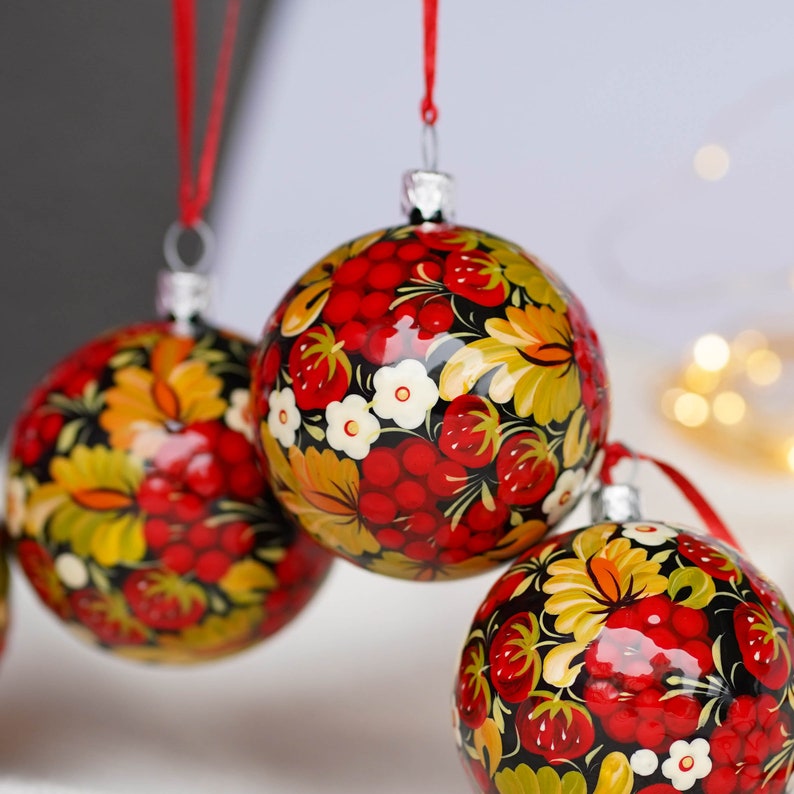 Christmas ornament set of 4 Hand-painted Ukrainian Christmas ornaments 2.4 in Handmade Strawberry tree balls set, Petrykivka baubles set image 5