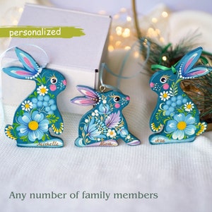 Personalized family Christmas ornament set, Rabbit & bunny family names tree decorations, Hand-painted wooden Ukrainian Petrykivka ornaments