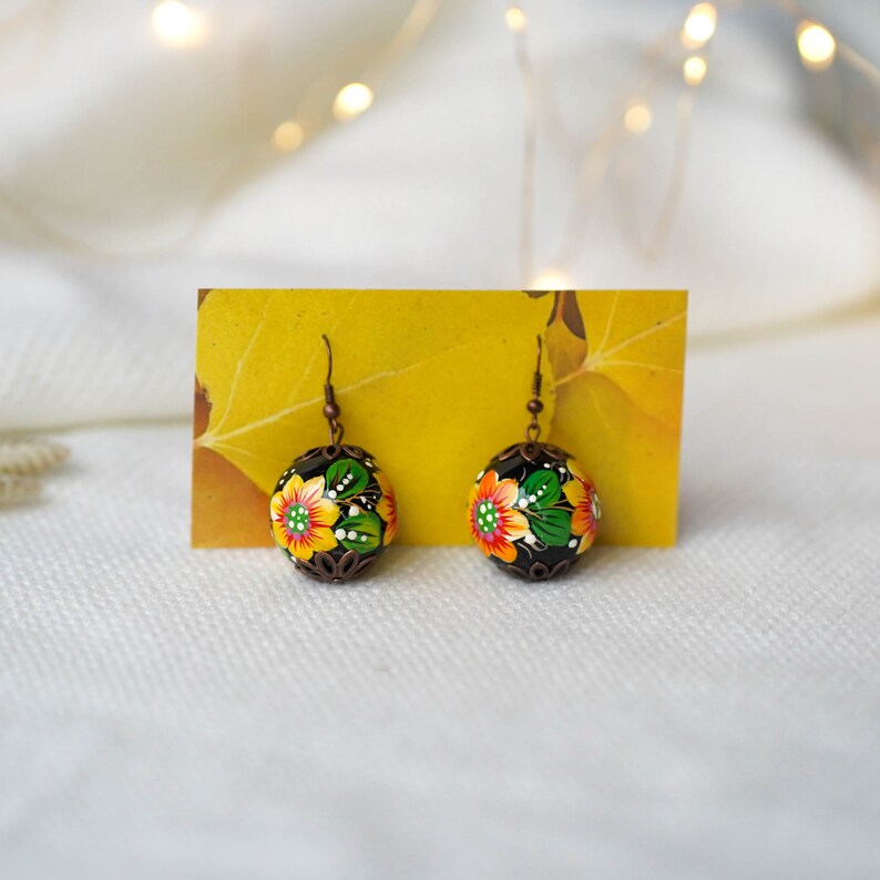 Lightweight sunflower earrings, Painted Ukrainian dangle earrings, Yellow flower wooden earrings Ukrainian jewelry, Petrykivka earrings image 5