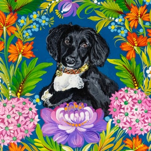 Puede incluir: Un perro blanco y negro con un collar rojo est&aacute; pintado sobre un fondo azul rodeado de flores de colores. Las flores son rosas, naranjas, amarillas, blancas y verdes.