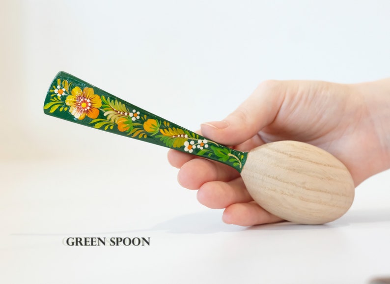 Unique wooden spoon, Unique painted tablespoon, Flower salt spoon, Painted sugar spoon, Blue hippie spoon, Wooden flower spoon, Cute spoon Green