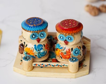 Salt & Pepper Shakers on Stand Set, Hand-painted Owl-Shaped Wooden Shakers with Petrykivka Art - Wall/Countertop Rack, Tight-Seal Lids