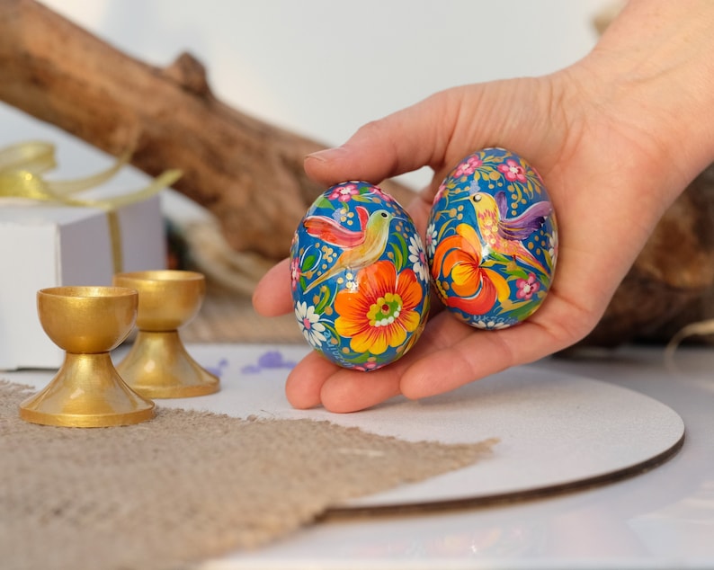 Ukrainian Easter eggs, Hummingbird Easter eggs set, Ukrainian Pysanky eggs set, Hand painted wooden eggs, Petrykivka Decorative egg ornament zdjęcie 1