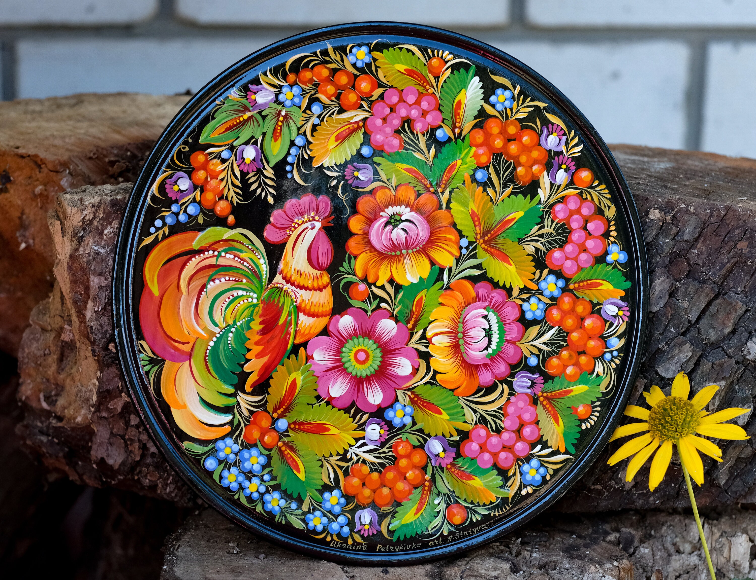 Decorative Rooster Wooden Plate, Hand-painted Ukrainian Wall Plate