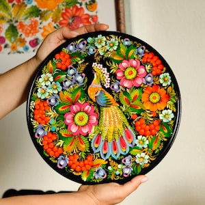 Decorative wooden plate 11.8 in - Hand-painted Ukrainian Wall Plate, Fairy Bird Plate Painted with Petrykivka Painting
