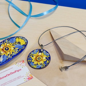 Wooden Ukrainian necklace, Hand-painted blue and yellow flower pendant, Lightweight Ukraine folk art charm, Petrykivka painted necklace with barrette