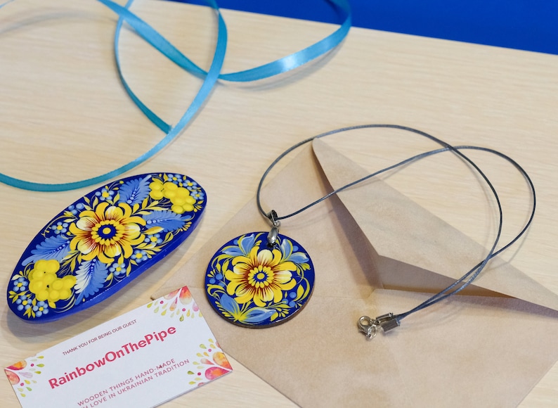 Wooden Ukrainian necklace, Hand-painted blue and yellow flower pendant, Lightweight Ukraine folk art charm, Petrykivka painted necklace with barrette