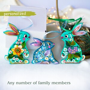 Personalized rabbit ornaments set, Rabbit & bunny family names tree decorations, Hand-painted wooden Ukrainian Petrykivka Christmas ornament