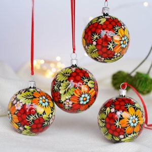 Christmas ornament set of 4 Hand-painted Ukrainian Christmas ornaments 2.4 in, Handmade Petrykivka painted Sunflower tree ball ornaments set