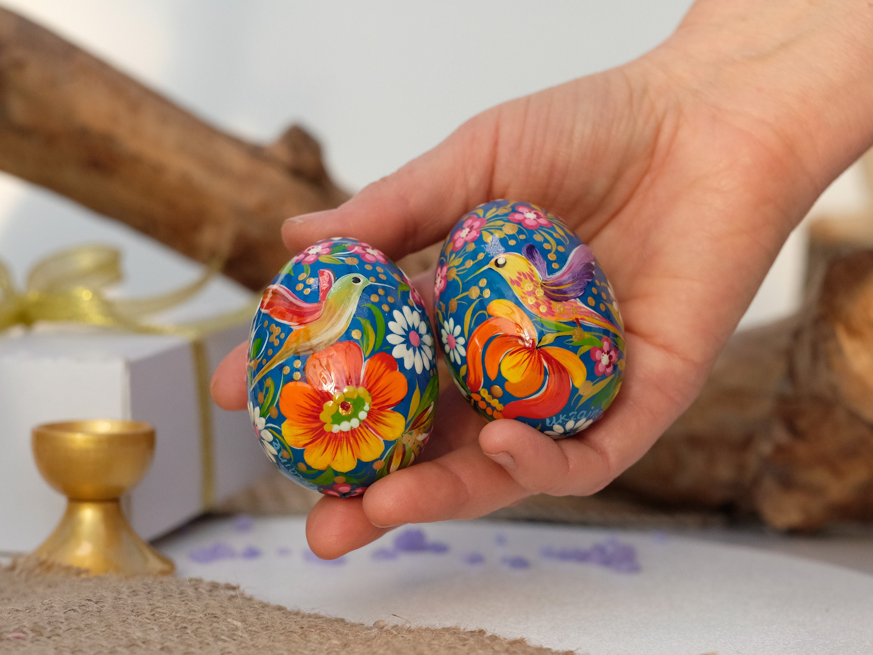Painted Wooden Hummingbird Pysanky Easter Egg Set, Ukrainian