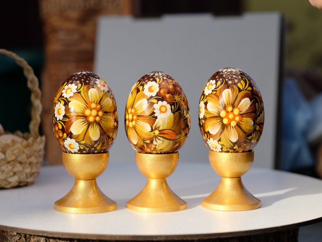 Set of 3 Easter Eggs Hand Painted With Ukrainian Folk Art, Wooden ...