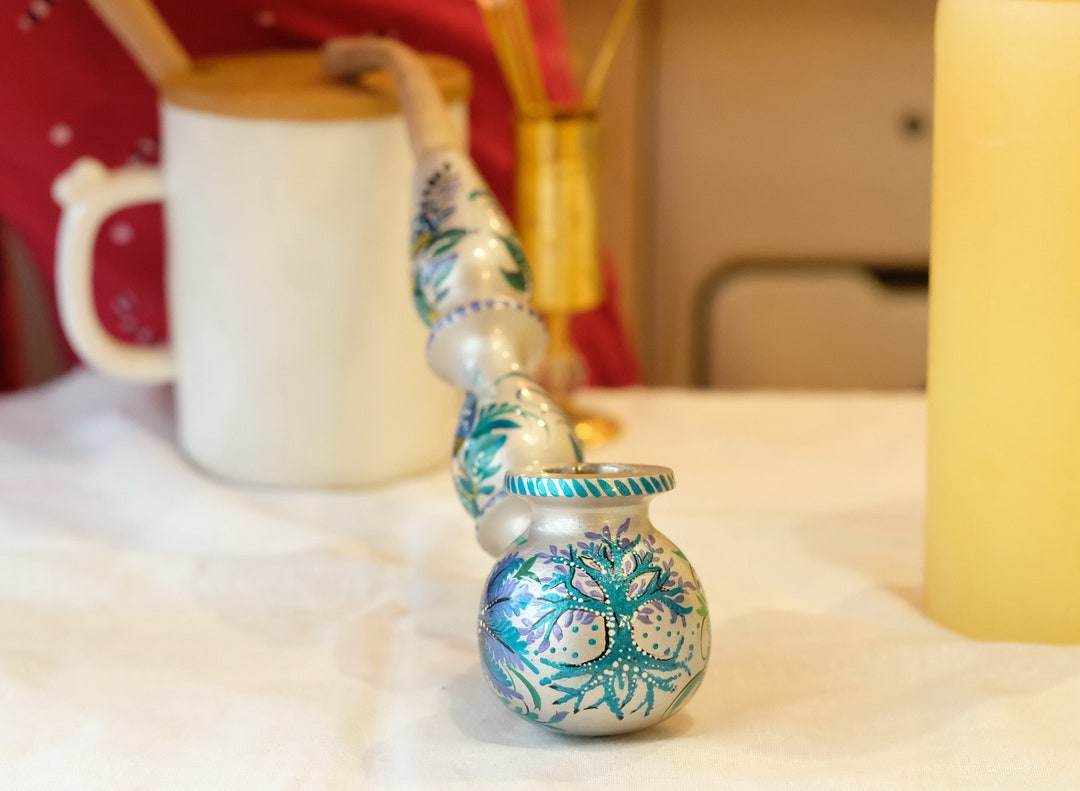 Long Painted Wooden Smoking Pipe - Tree of Life & Mushroom Tobacco Pipe ...