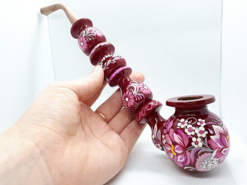 Hippie flower pipe Long smoking pipe Tobacco pipe Pipe with lotus Pink and grey smoking bowl Unique girly pipe Burgundy smoking bowl